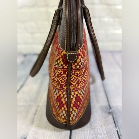John Heaton Weekender Dark Chocolate Brown Leather Tapestry Boho Shoulder Purse - Picture 3 of 12